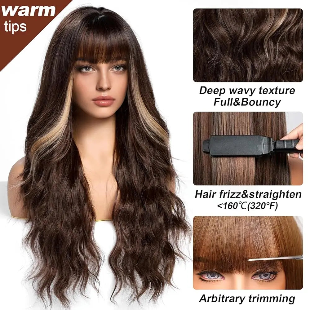 Dark Brown Synthetic Wigs with Bangs Long Curly Wavy Brown Wigs with Blonde Highlights for Afro Women Daily Party Heat Resistant