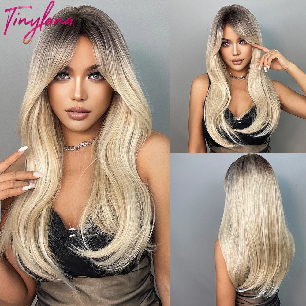Ombre Gray Brown Synthetic Wigs Long Straight Ash Cosplay Wig with Bangs for Women Afro Natural Party Daily Heat Resistant Hair