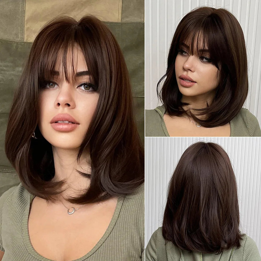 LOUIS FERRE Short Light Pink Bob Wigs With Bangs Natural Synthetic Wigs for Women Daily Cosplay Hair Heat Resistant Fibre Wig