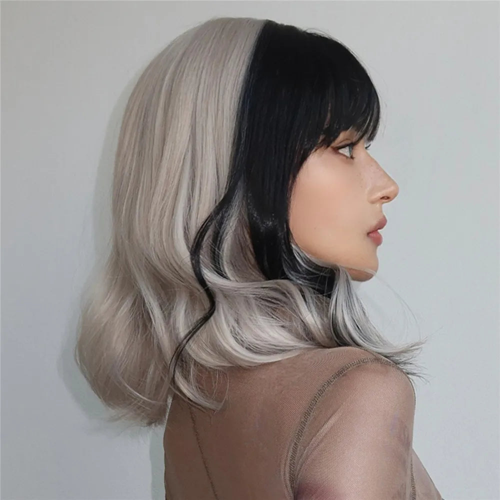 HENRY MARGU Short Half Black And Half White Wig Curly Wavy Shoulder Length Synthetic Hair Cosplay Wig with Bangs for Halloween