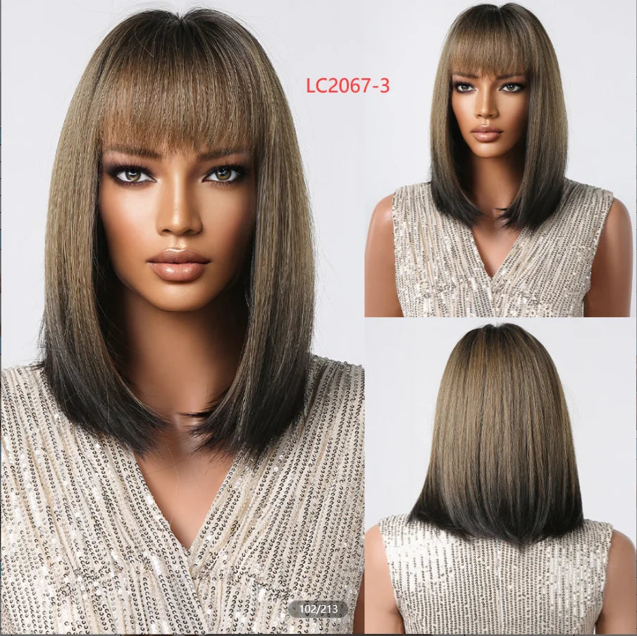 LOUIS FERRE Short Straight Synthetic Wigs for Women Brown Bob Wigs with Bangs Daily Cosplay Medium Length Heat Resistant Hair
