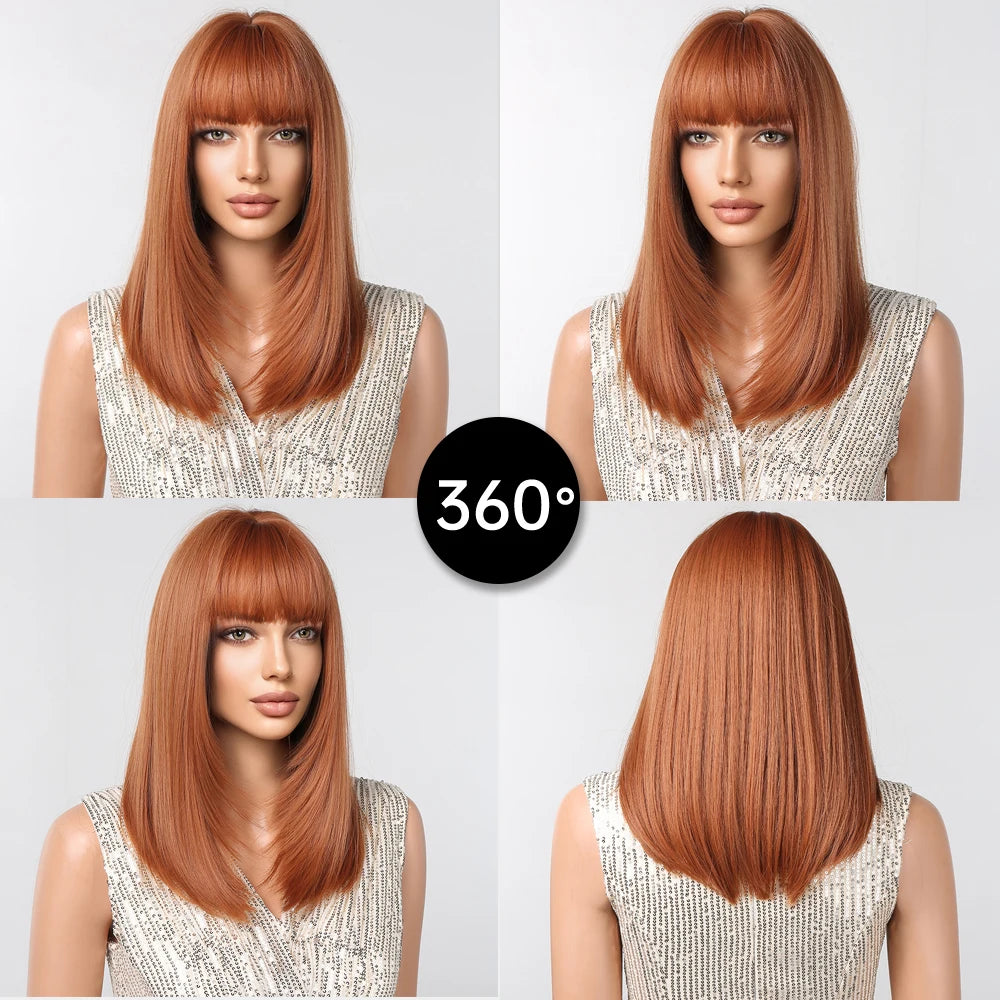 EASIHAIR Copper Ginger Synthetic Wigs with Bangs Medium Length Straight Hair Wig for Women Daily Cosplay Natural Heat Resistant