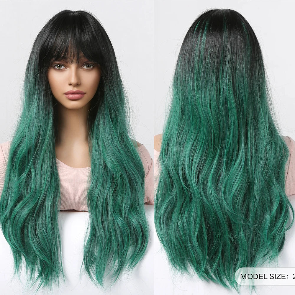 LOUIS FERRE Synthetic Black Green Ombre Long Wavy Curly Wig for Women Natural Hair With Bangs Cosplay Party Heat Resistant Wig