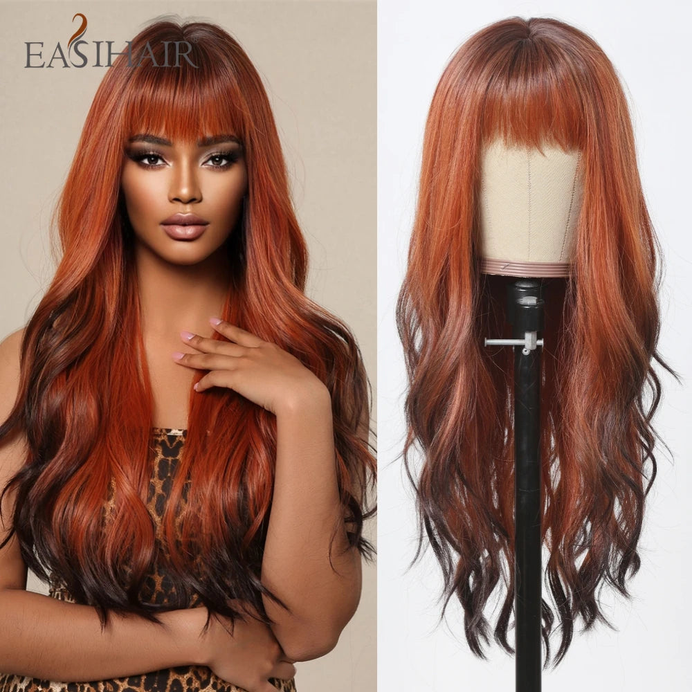 Dark Brown Synthetic Wigs with Bangs Long Curly Wavy Brown Wigs with Blonde Highlights for Afro Women Daily Party Heat Resistant