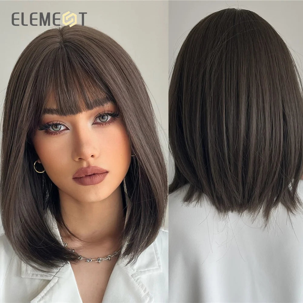 ELEMENT Synthetic Short Straight Wig Black Ombre Blonde Bob Wigs with Bangs for Women Cosplay Party Daily Hair Headband