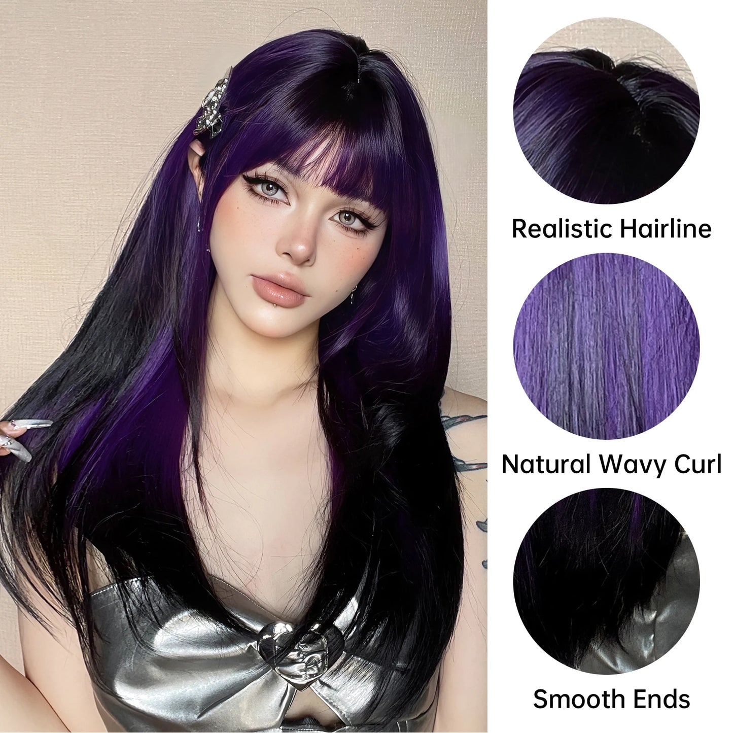 Long Straight Black Purple Synthetic Wig with Bangs Purple Ombre Cosplay Layered Wig for Women Party Heat Resistant Natural Hair