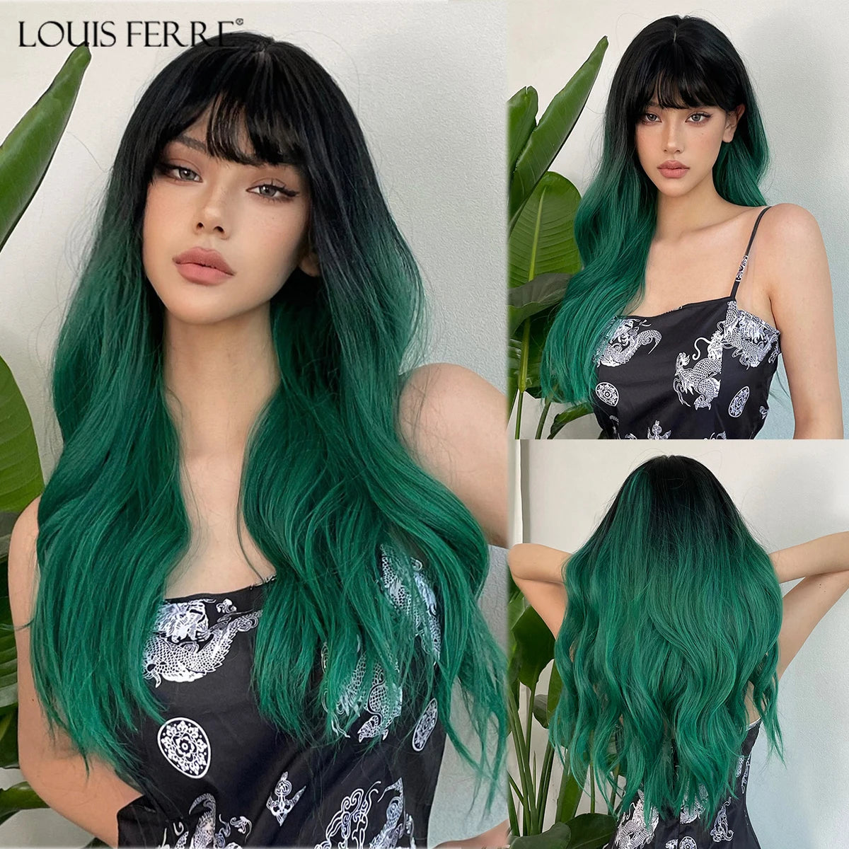 LOUIS FERRE Synthetic Black Green Ombre Long Wavy Curly Wig for Women Natural Hair With Bangs Cosplay Party Heat Resistant Wig