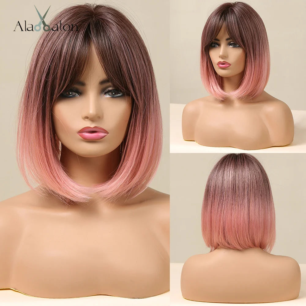 ALAN EATON Platinum Blonde Synthetic Wigs for Women Hihlight Short Straight Bob Wig with Bangs Daily/Party Hair Heat Resisitant