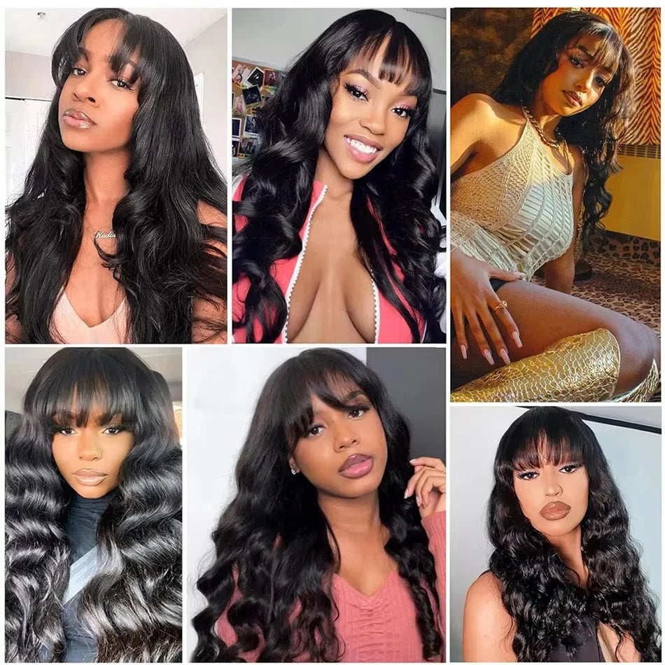 Varlea 200% Density Body Wave Human Hair Wigs Full Woven With Bangs Wig No Lace Wig Loose Body Wave Short Bob Human Hair Wigs