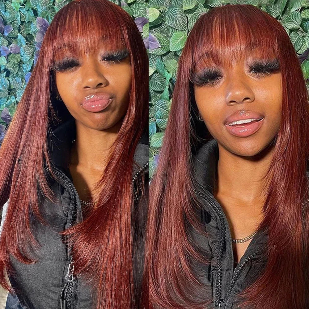 Reddish Brown Straight Layered Cut Lace Wigs with Bangs HD Lace Fake Scalp Synthetic Natural Layered Lace Front Wig Glueless Wig