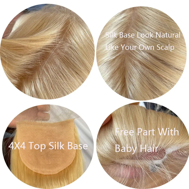 Brazilian Virgin Human Hair Lace Closure For Women Silk Base Top Straight Natural Blonde, Free Part Closure 4x4 "#613 Color