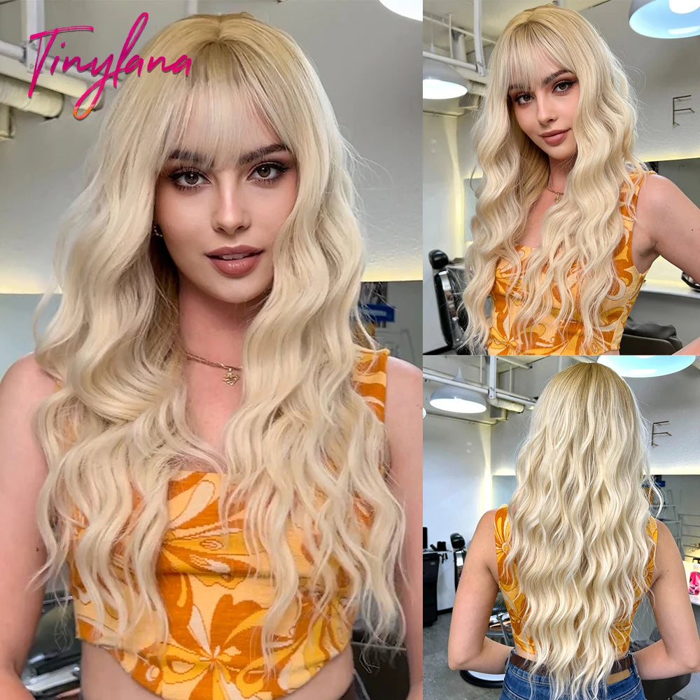 Blonde Ginger Yellow Lolita Cosplay Synthetic Wigs Long Curly Wavy Natural Hair with Bangs for Women Party Heat Resistant Wig