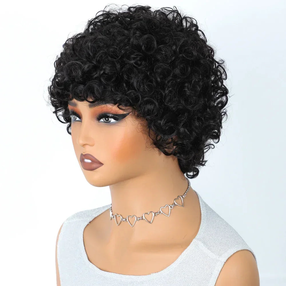 Brazilian Afro Puff Pixie Bob Wig 99J Natural Brown Full Machine Made Pre-Plucked Bangs 100% Human Hair For Black Women