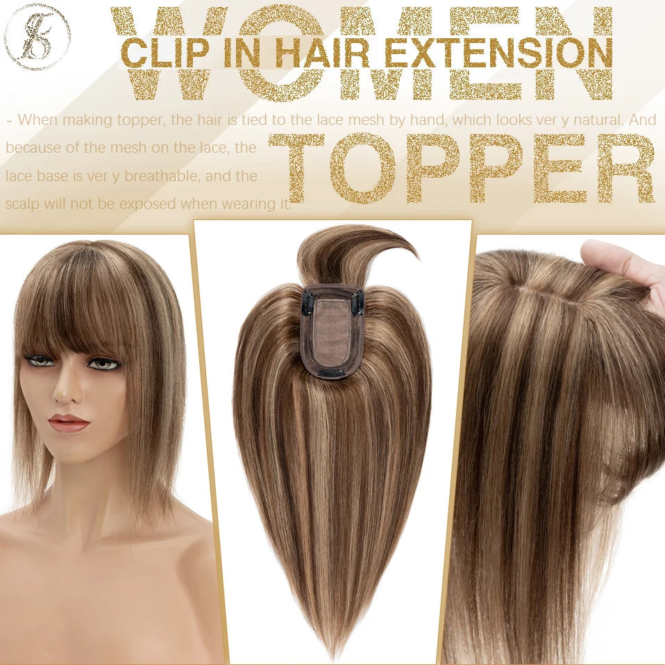 TESS Women Topper 7x12.5cm Hair Toppers With Bangs Hair Clips Natural Hair Wigs 100% Human Hair Silk Base Clip In Hair Extension