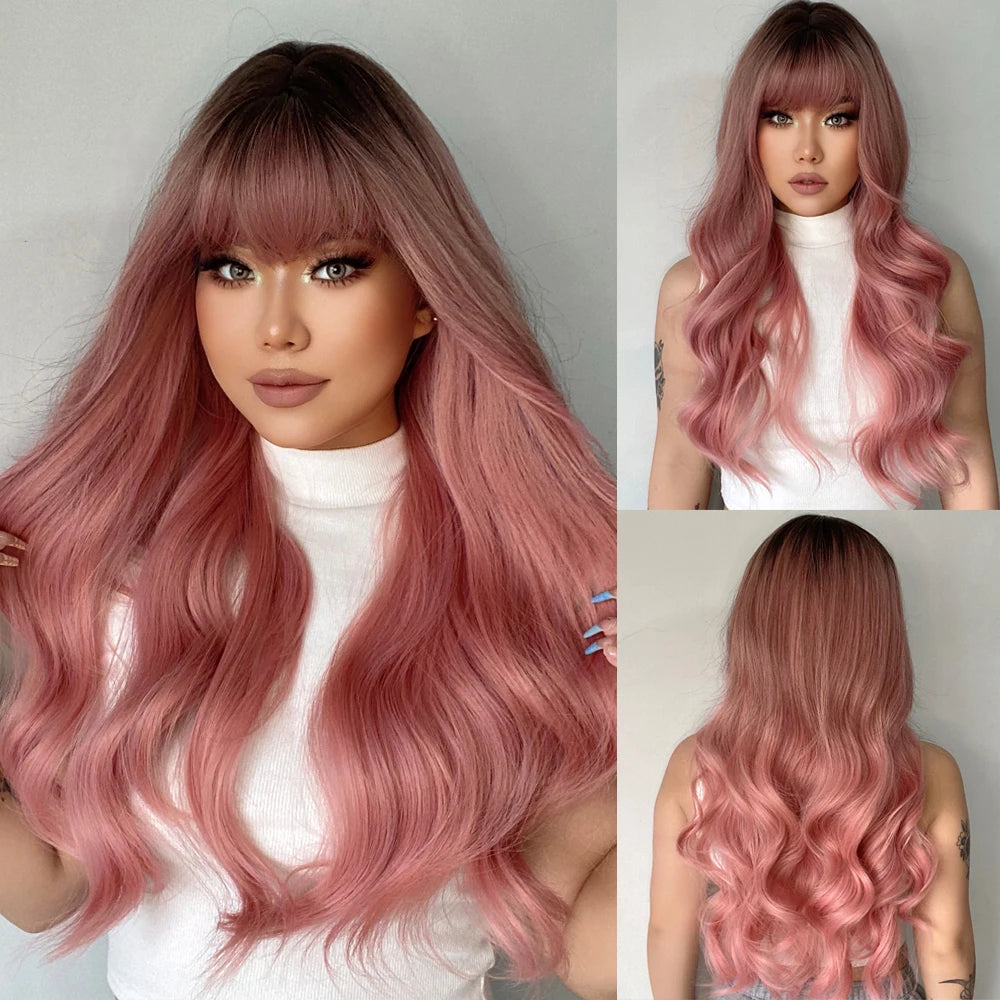 Pink Red Long Curly Wavy Synthetic Wigs Lolita Cosplay Hair With Bangs for Women Natural Water Wave Party Heat Resistant Wig