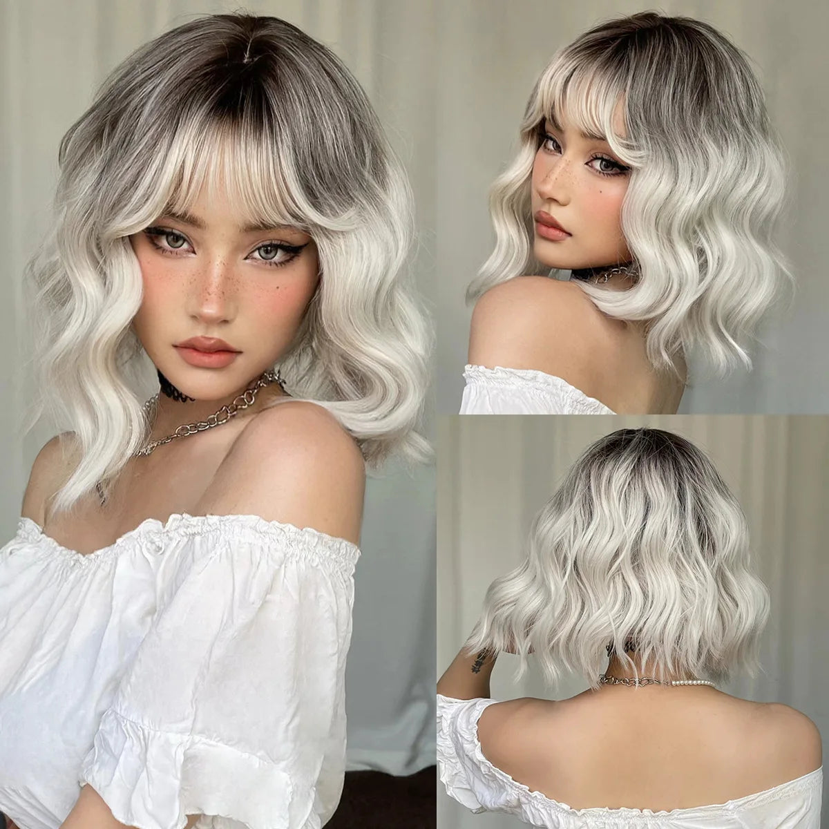 LOUIS FERRE Short Light Pink Bob Wigs With Bangs Natural Synthetic Wigs for Women Daily Cosplay Hair Heat Resistant Fibre Wig