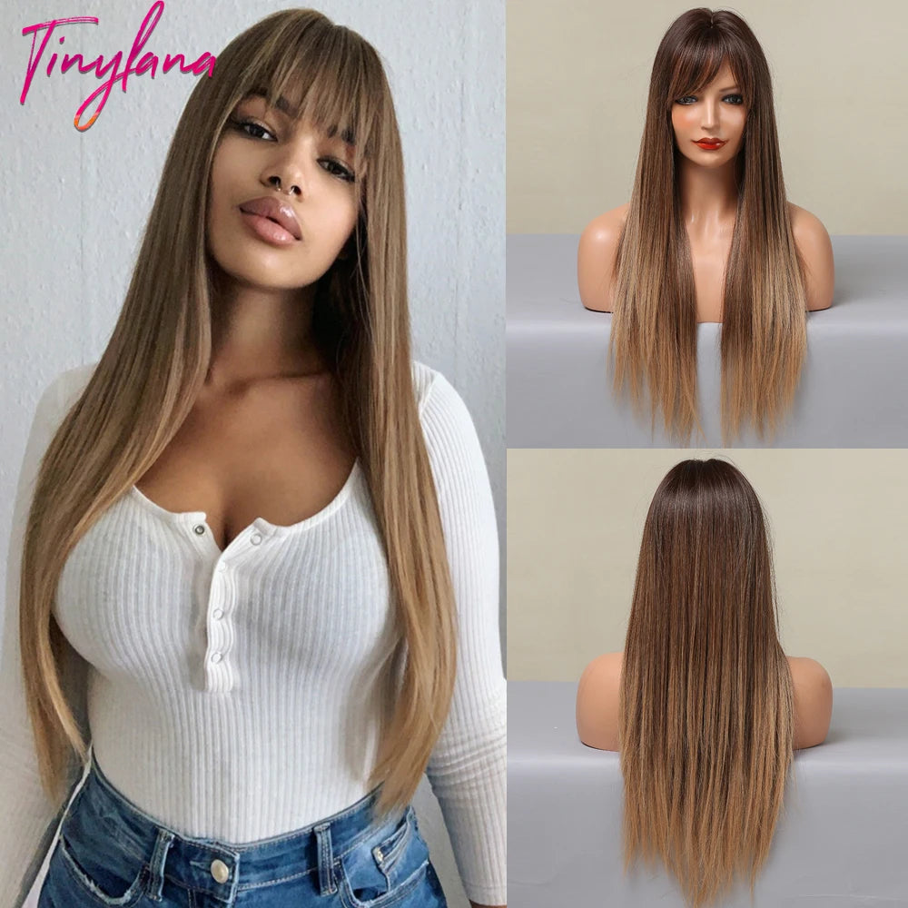 Ombre Gray Brown Synthetic Wigs Long Straight Ash Cosplay Wig with Bangs for Women Afro Natural Party Daily Heat Resistant Hair