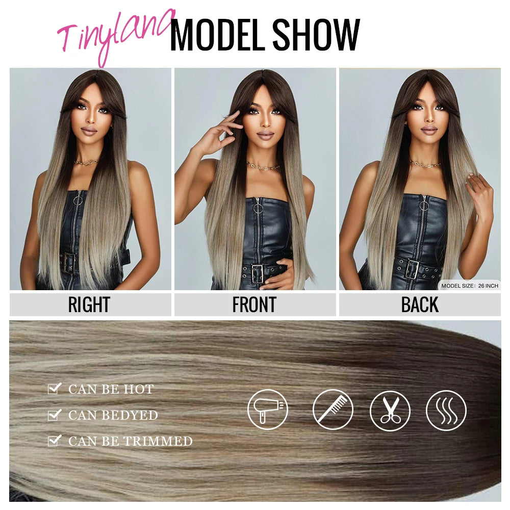 Ombre Gray Brown Synthetic Wigs Long Straight Ash Cosplay Wig with Bangs for Women Afro Natural Party Daily Heat Resistant Hair