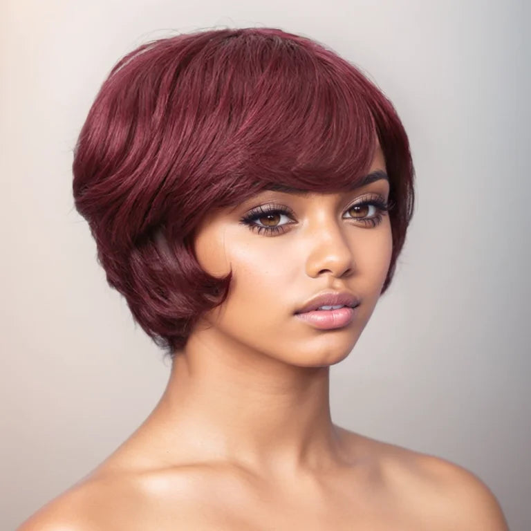 Burgundy Pixie Cut Wig Human Hair Wigs Human Hair Wig with Bangs Natural Short 99J Wig Layered Wavy Different Style Short Wigs