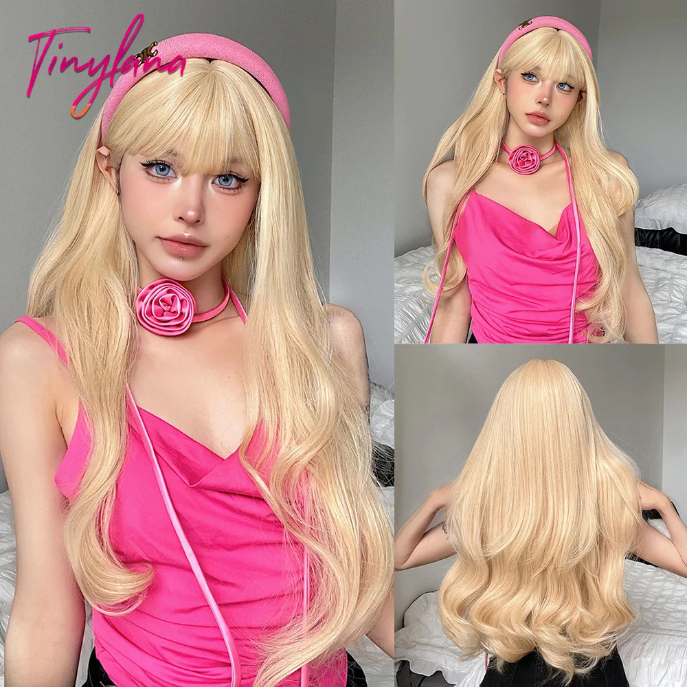 Long Curly White Platinum Synthetic Wigs with Bangs for Women Afro Cosplay Lolita Wavy Wig Natural Hair Heat Reisitant Daily Use