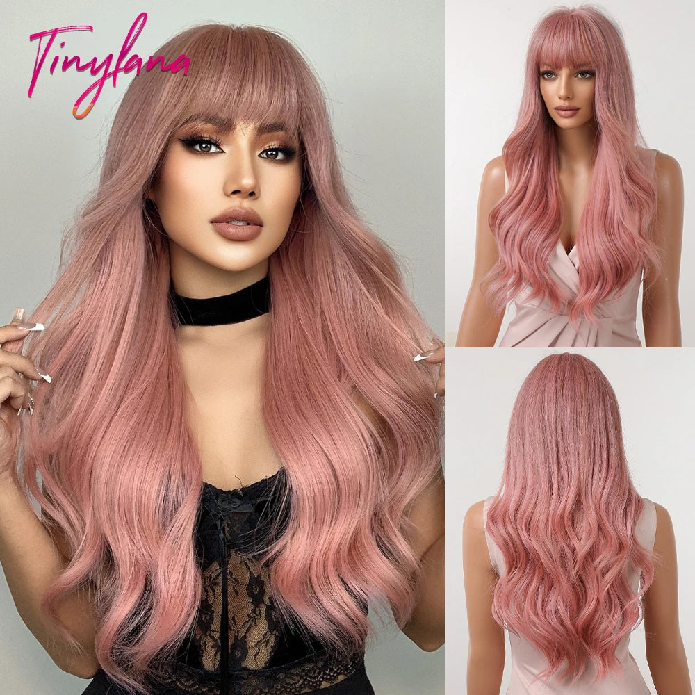 Pink Red Long Curly Wavy Synthetic Wigs Lolita Cosplay Hair With Bangs for Women Natural Water Wave Party Heat Resistant Wig