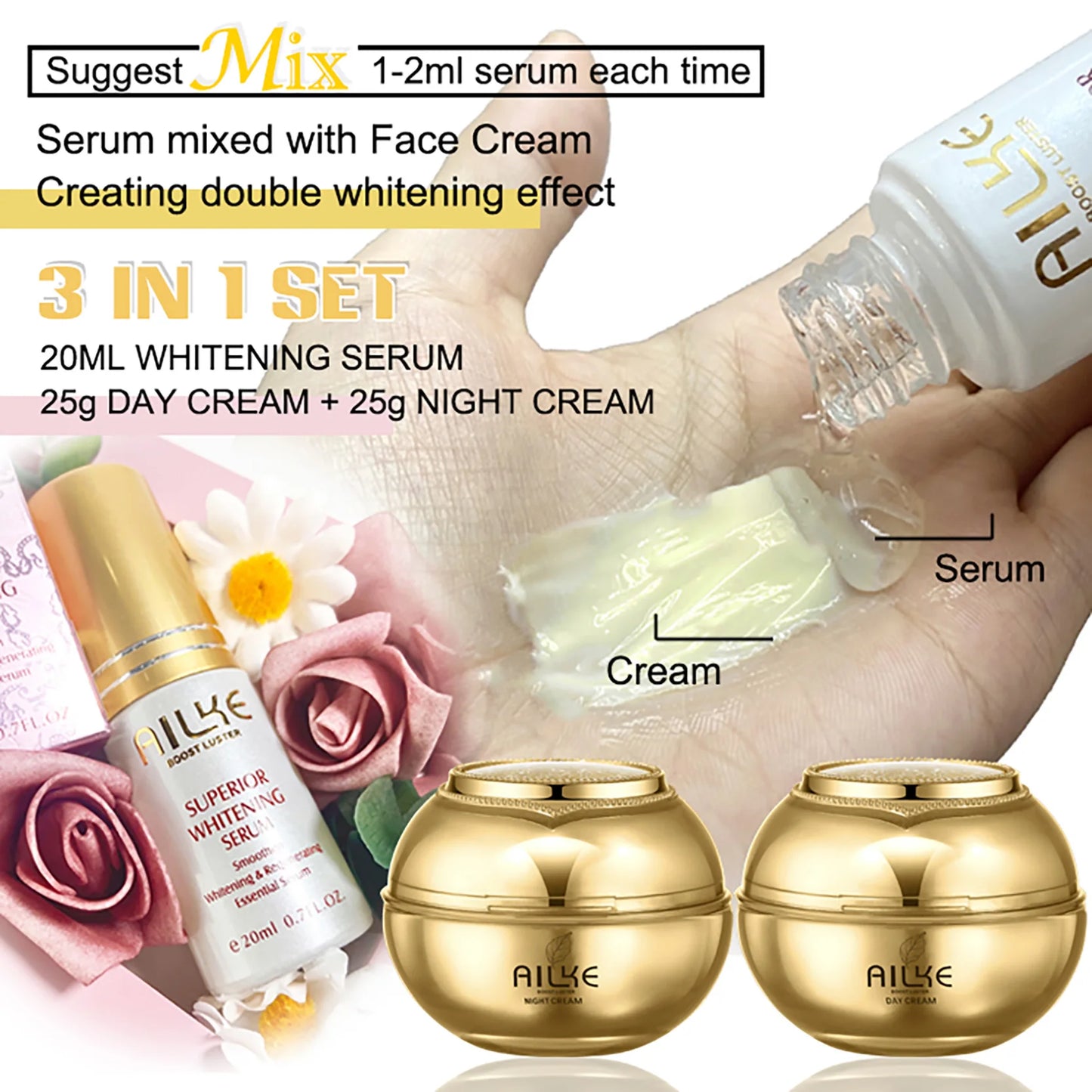AILKE Collagen Whitening Face Care Set, Moisturizing, Even Skin Tone, Reduce Dark Spots, With Hyaluronic Acid, Vitamin E