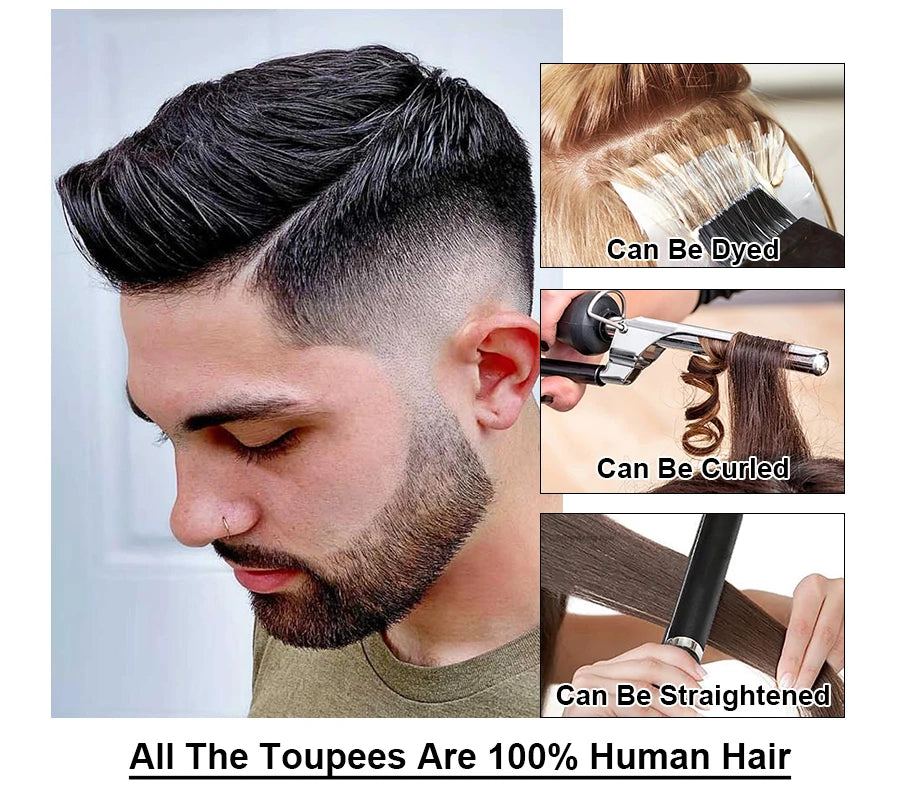 Men Toupee Indian Human Hair Wigs Thin Skin Human Remy Hair Wigs With Knots Invisible Natural Hairline Indian Hair System Units