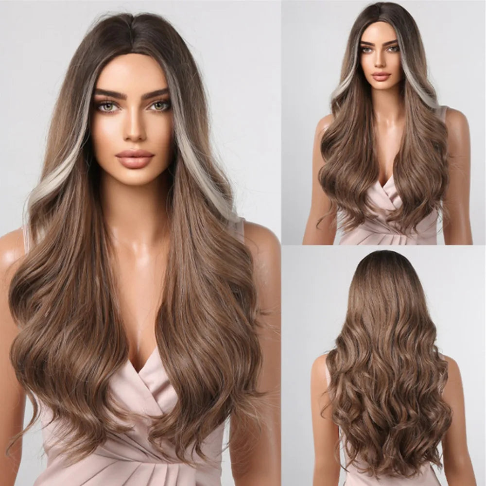 ALAN EATON Ombre Blonde Brown Wave Synthetic Wig Long Natural Looking Hair Wigs with Bangs for Women Daily Heat Resistant Fiber