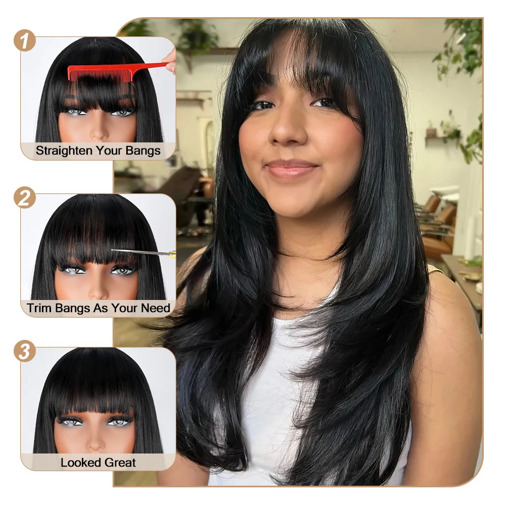 Reddish Brown Straight Layered Cut Lace Wigs with Bangs HD Lace Fake Scalp Synthetic Natural Layered Lace Front Wig Glueless Wig