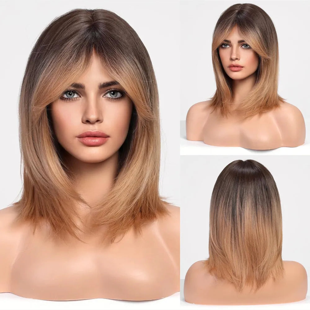 HENRY MARGU Brown Short Bob Straight Wigs with Pink Highlight Women Brown Daily Wig Synthetic Hair Wig with Bangs Heat Resistant