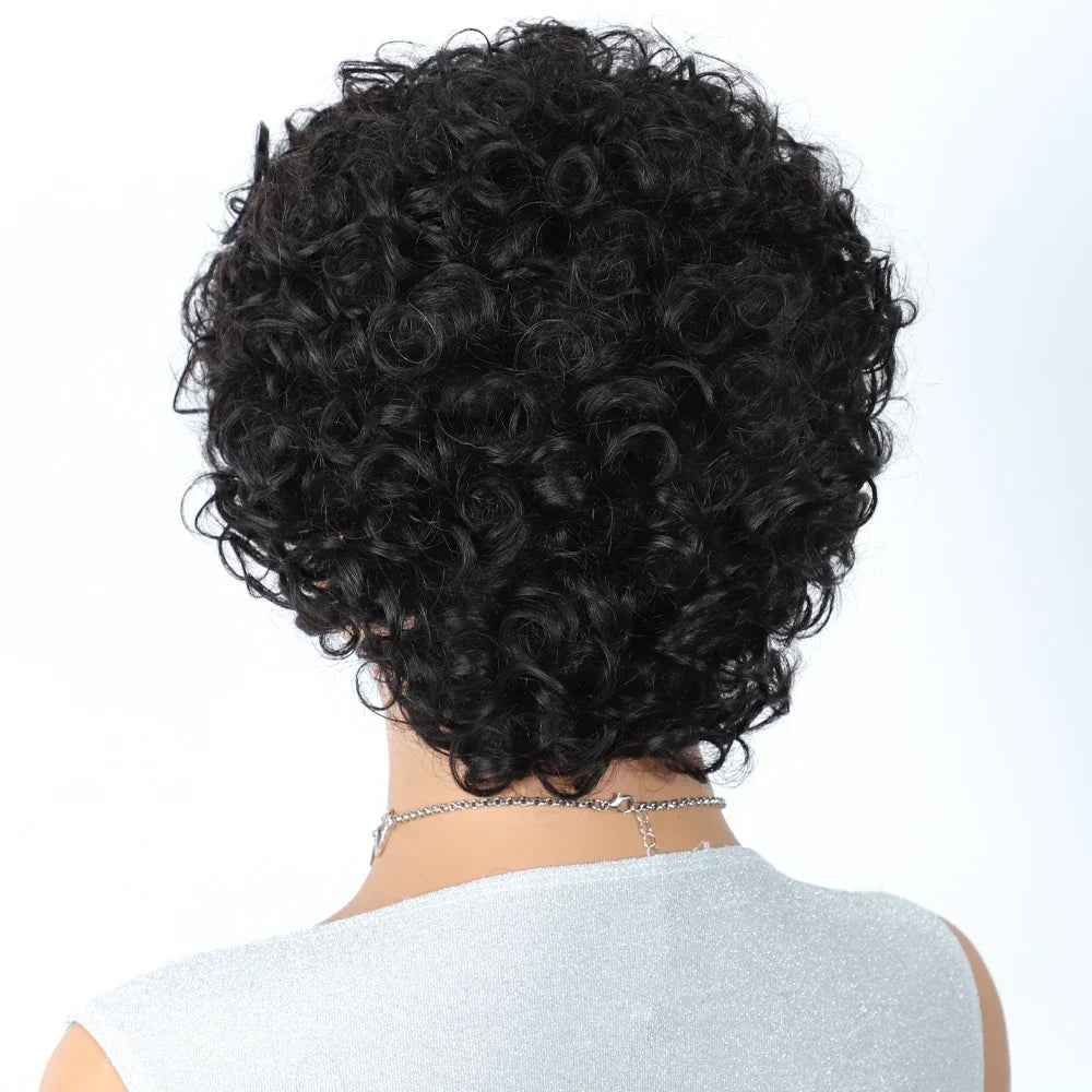 Brazilian Afro Puff Pixie Bob Wig 99J Natural Brown Full Machine Made Pre-Plucked Bangs 100% Human Hair For Black Women