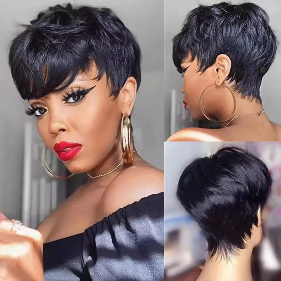 Pixie Cut Wigs Human Hair Short Bob Wig With Bangs Layered Pixie Cut Wig Brazilian Human Hair Full Machine Made Wig  For Women