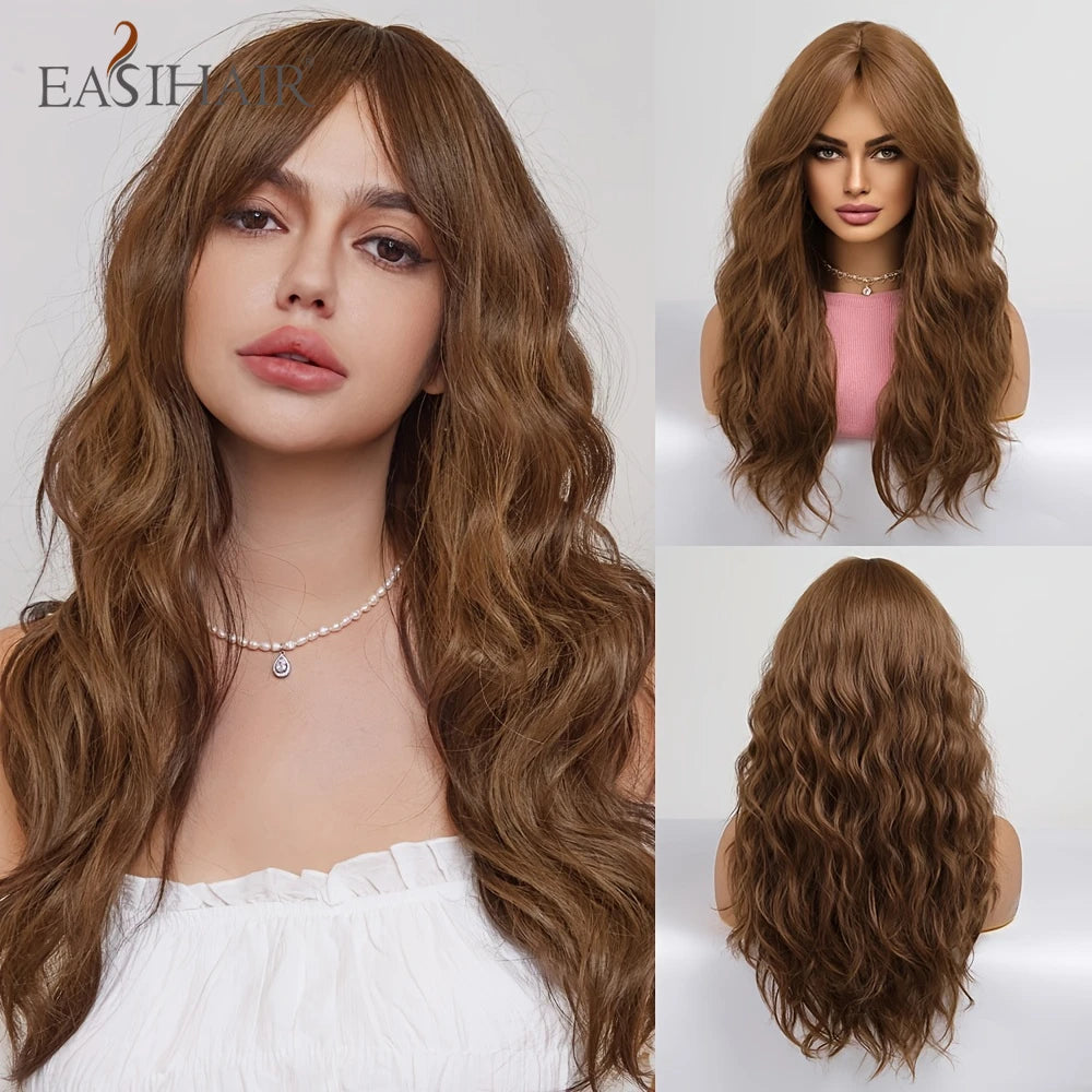 Ombre Light Brown Wigs with Bangs Blonde Highlight Long Curly Wavy Synthetic Wigs for Women Daily Cosplay Party Heat Resistant