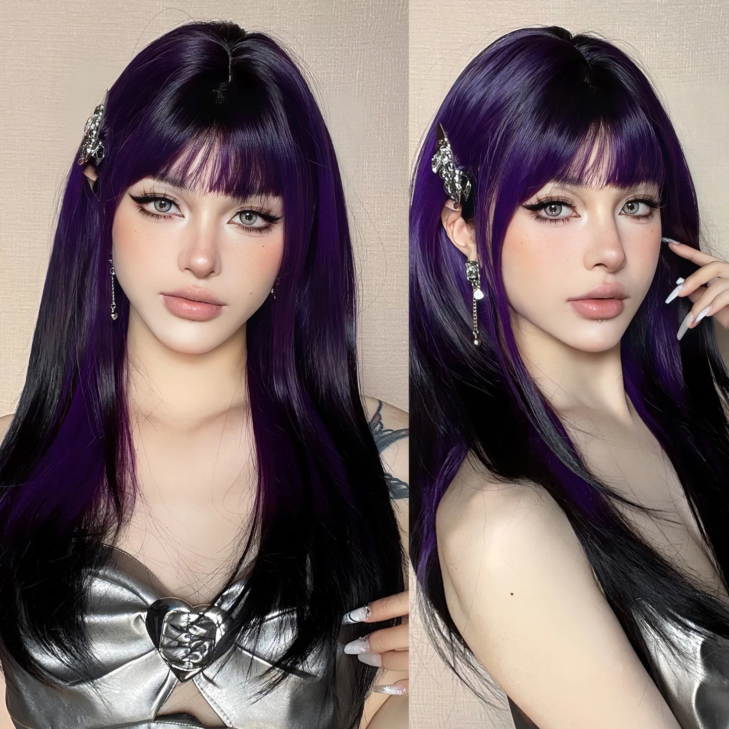 Long Straight Black Purple Synthetic Wig with Bangs Purple Ombre Cosplay Layered Wig for Women Party Heat Resistant Natural Hair