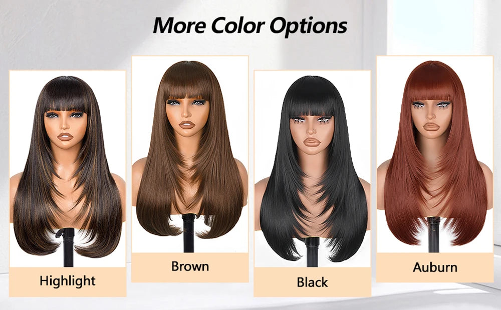 Reddish Brown Straight Layered Cut Lace Wigs with Bangs HD Lace Fake Scalp Synthetic Natural Layered Lace Front Wig Glueless Wig