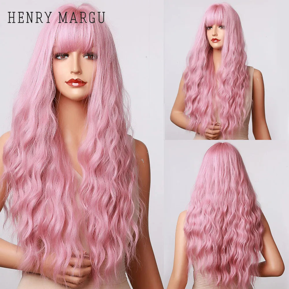 HENRY MARGU Long Wavy Brown Red Orange Wigs with Bangs Cosplay Party Heat Resistant Synthetic Hair Wigs for Black Women Afro