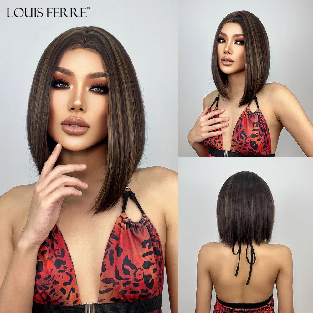 LOUIS FERRE Straight Pink Synthetic Wig for Women Short Bob Wig With Bangs Natural Hair Lolita Cosplay Heat Resistant Fashion