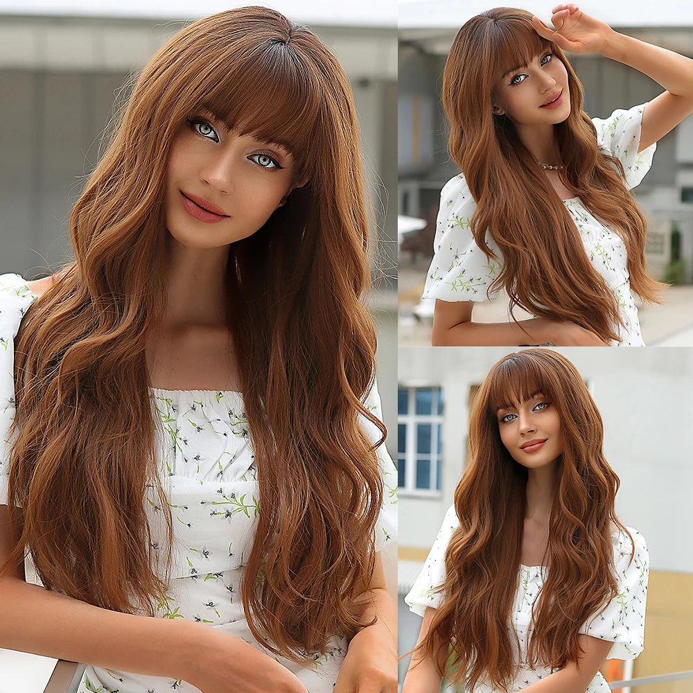 ALAN EATON Ombre Blonde Brown Wave Synthetic Wig Long Natural Looking Hair Wigs with Bangs for Women Daily Heat Resistant Fiber