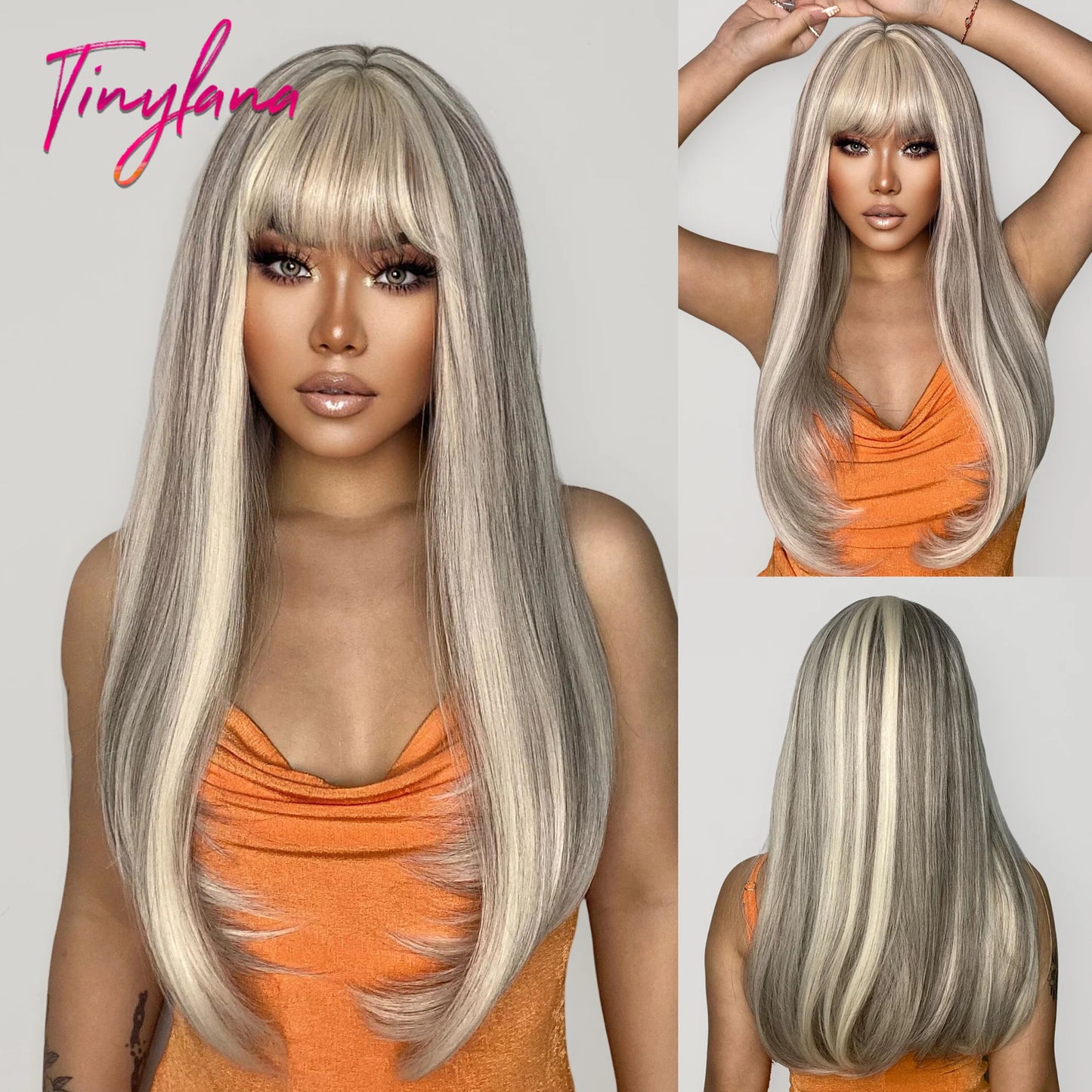 Long Straight Pink Mixed White Synthetic Wigs with Bangs Halloween Cosplay Colorful Wigs for Women Natural Hair Heat Resistant