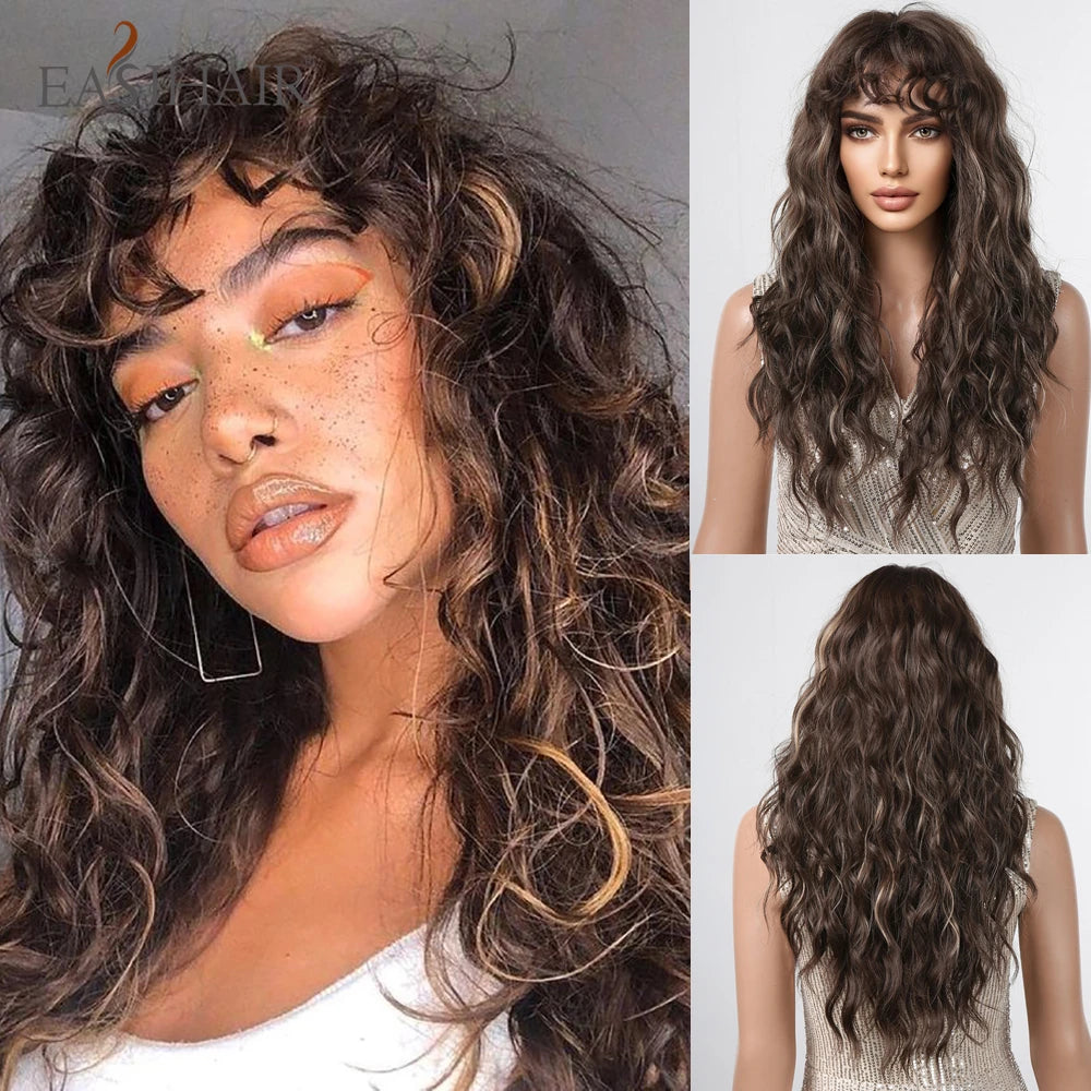 Ombre Light Brown Wigs with Bangs Blonde Highlight Long Curly Wavy Synthetic Wigs for Women Daily Cosplay Party Heat Resistant