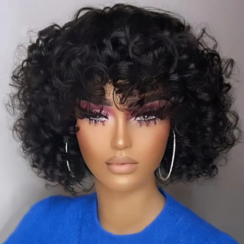 Ready to Wear Funmi Curly Full Machine Made Short Bob Wig with Bangs Glueless Loose Curly Vietnamese Human Hair Wigs for Women