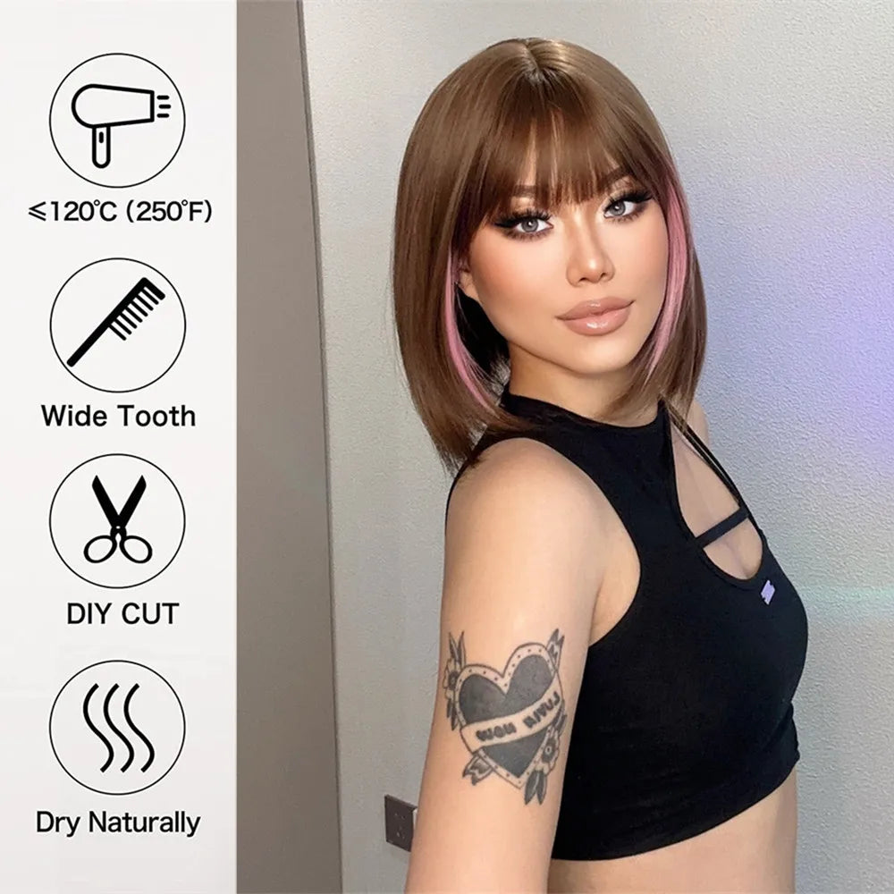 HENRY MARGU Brown Short Bob Straight Wigs with Pink Highlight Women Brown Daily Wig Synthetic Hair Wig with Bangs Heat Resistant