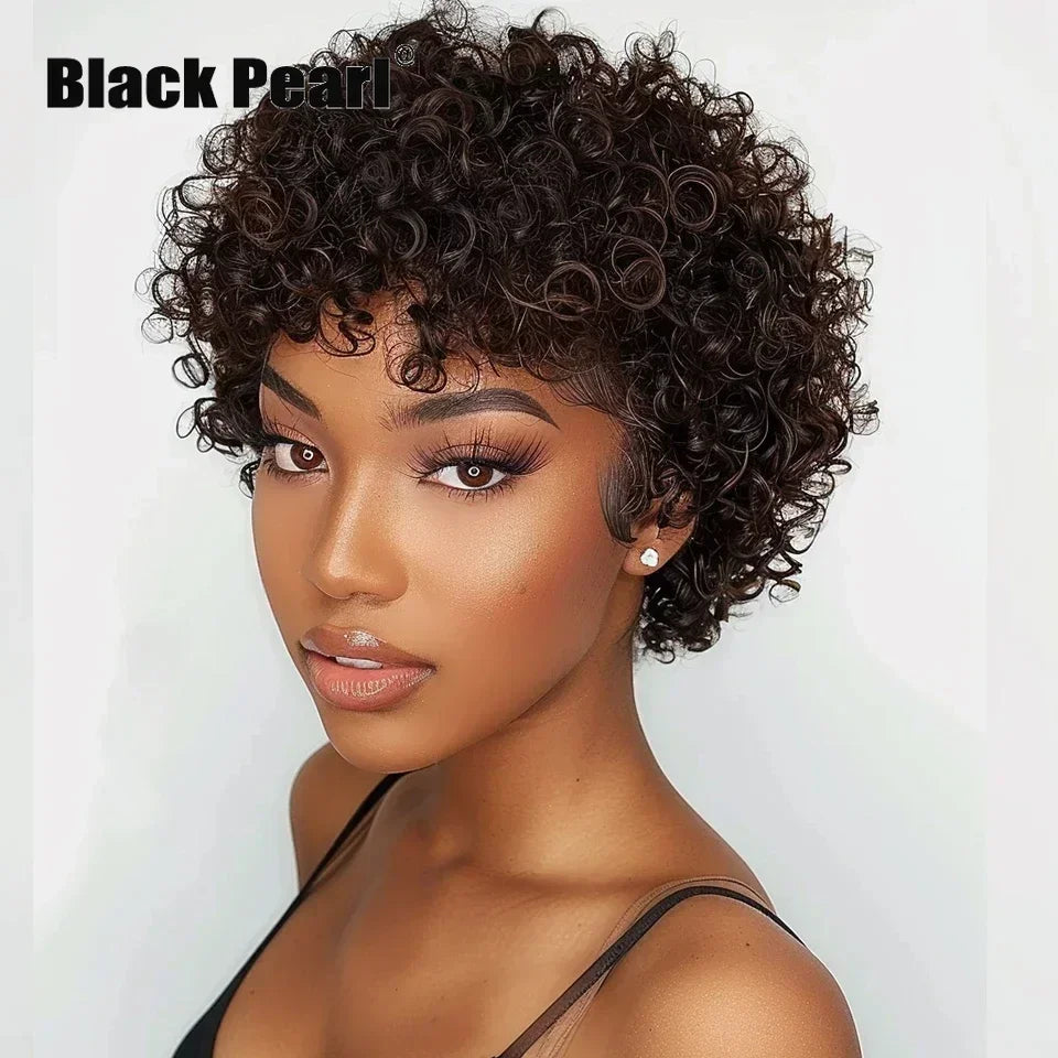 Brazilian Afro Puff Pixie Bob Wig 99J Natural Brown Full Machine Made Pre-Plucked Bangs 100% Human Hair For Black Women