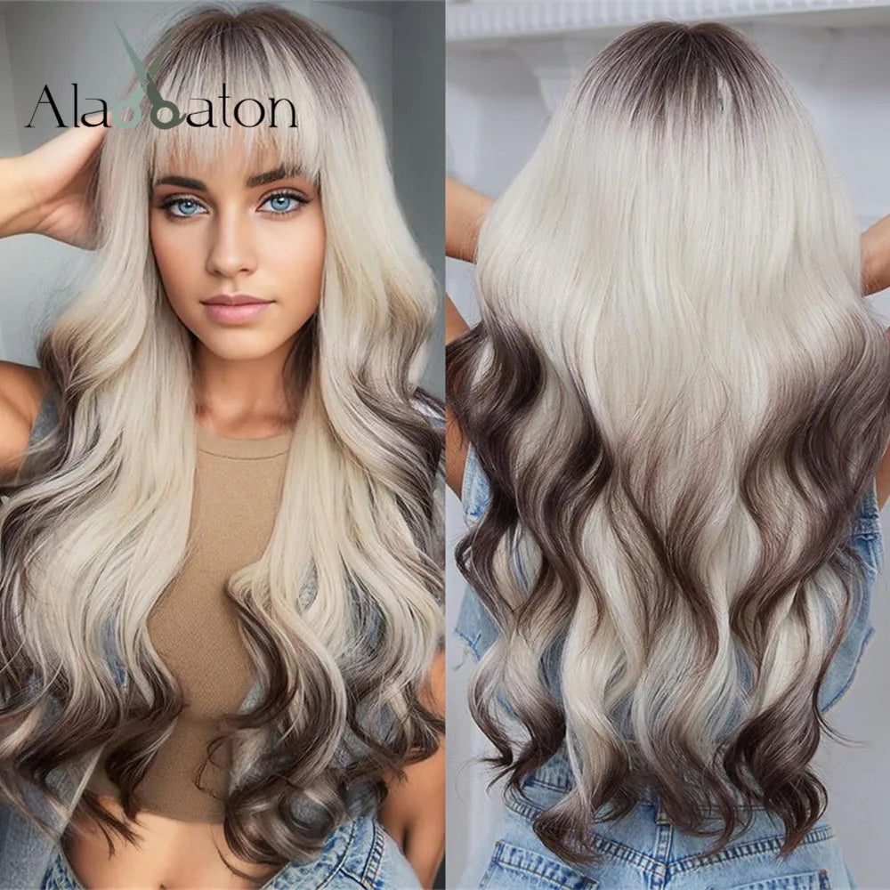 ALAN EATON Ombre Blonde Brown Wave Synthetic Wig Long Natural Looking Hair Wigs with Bangs for Women Daily Heat Resistant Fiber