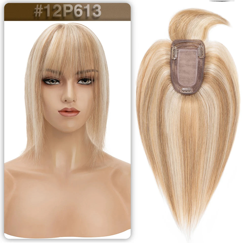 S-noilite Women Toppers Hair With Bangs Human Hair 7x13cm Silk Base Hair Cilp Wig Clip In Hair Extensions Hairpiece Natutal Hair