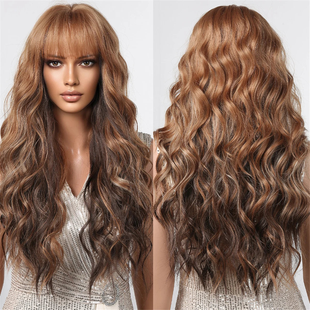 Long Wavy Gray Ash Brown Blonde Ombre Synthetic Wigs with Bangs Cosplay Natural Curly Hair Wig for Women Afro Heat Resistant