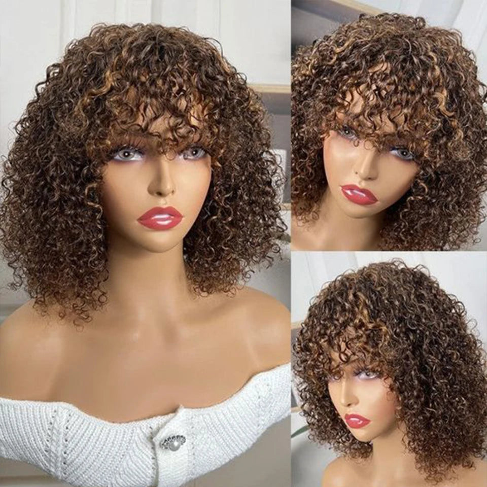 Jerry Curly Short Bob Human Hair Wigs With Bangs Wear To Go Glueless Wig Ombre 99J Water Wave Blonde Colored Wig For Women