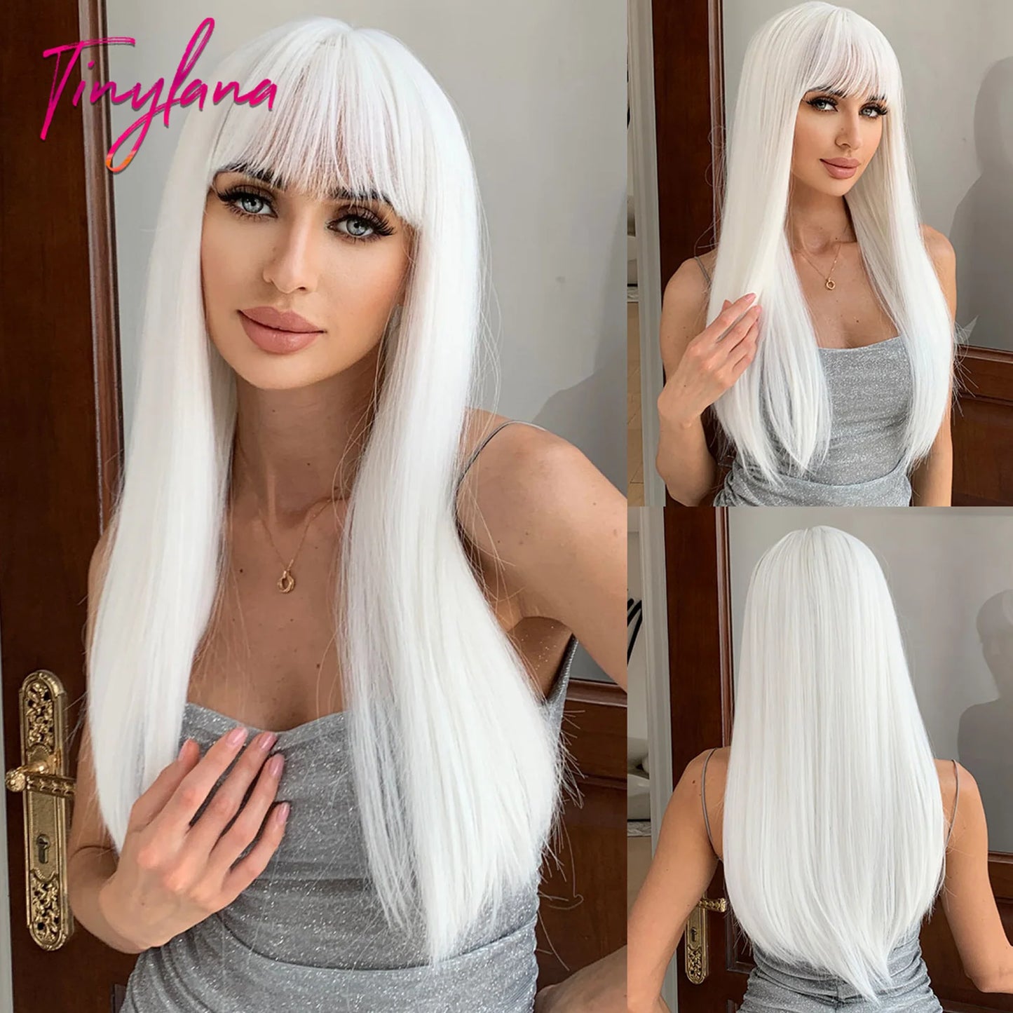 Ombre Gray Brown Synthetic Wigs Long Straight Ash Cosplay Wig with Bangs for Women Afro Natural Party Daily Heat Resistant Hair