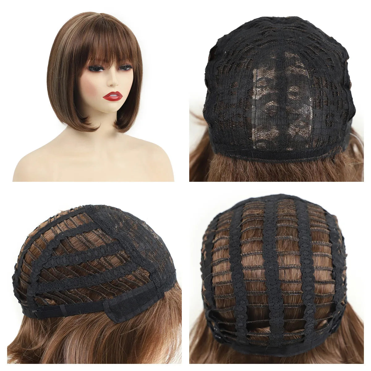 Women's Fashion Wig Natural Brown Short Bob Hair Wig with Side Bangs Daily Party Wigs for Women Female Heat Resistant Fake Hair