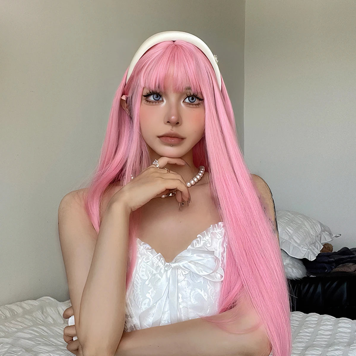 Light Pink Cosplay Long Straight Synthetic Wigs with Bangs Halloween Lolita Colorful Wig for Women Afro Natural Heat Resistant